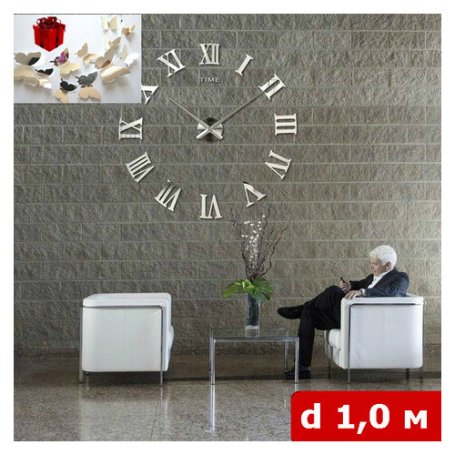 Настінні годинники 3D Timelike 100 см Римські чорні наклейки стікери на стіну великі [Пластик] Сріблястий фото №2