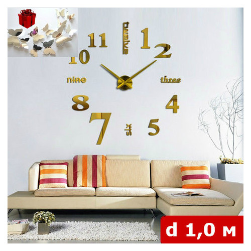 Годинник 3D Timex 100 см Написи золоті Подарунок Наклейки Метелики фото №2