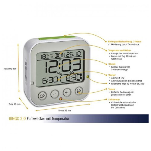 Будильник TFA BINGO 2.0 с термометром, білий, 95x41x96 мм (60255002) фото №5