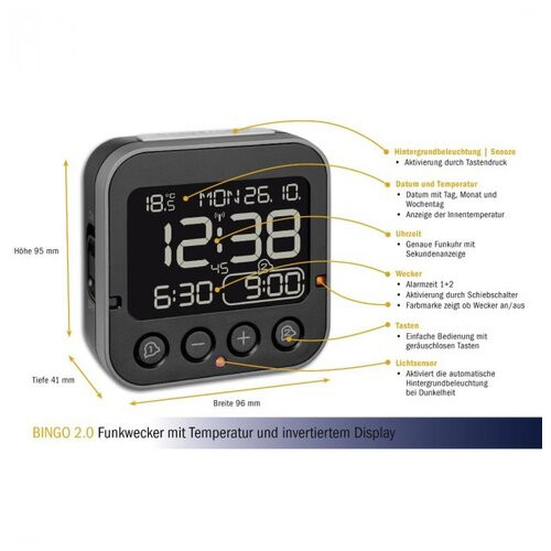 Будильник TFA BINGO 2.0 с термометром, инвертированний дисплей, 95x41x96 мм (60255201) фото №6