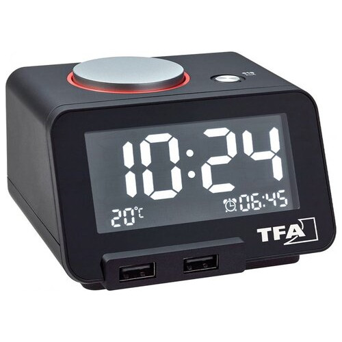 Будильник TFA HOMTIME з функцією USB заряджання, чорний, 103x90x66 мм (60201701) фото №1