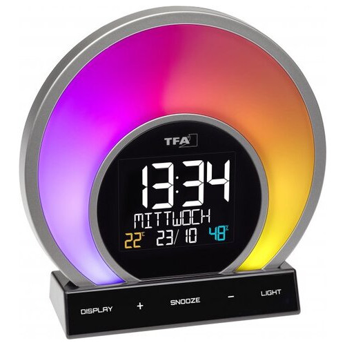 Будильник-світильник TFA SOLUNA, змінює кольори, термогігрометр, функція заряджання, 170x68x150 мм (60202601) фото №2