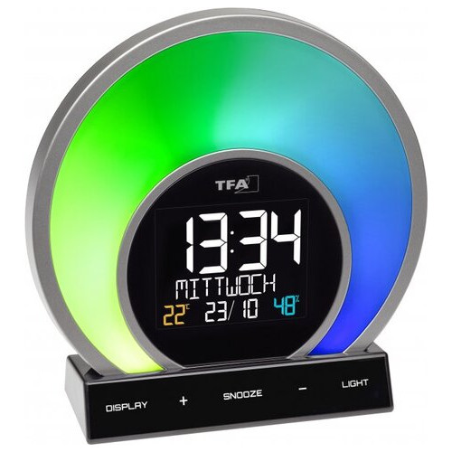 Будильник-світильник TFA SOLUNA, змінює кольори, термогігрометр, функція заряджання, 170x68x150 мм (60202601) фото №3
