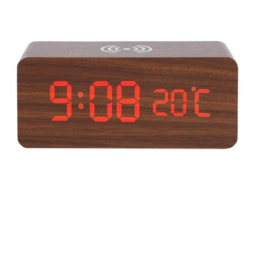 Дерев'яний світлодіодний годинник з бездротовою зарядкою Wood Wireless clock фото №1