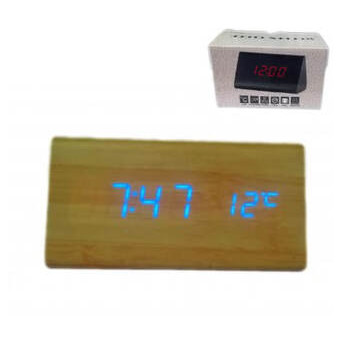 Настільний годинник з 3 режимами роботи та потрійним градусником з синім підсвічуванням Wooden Clock 1301 (lp-79561_283) фото №1