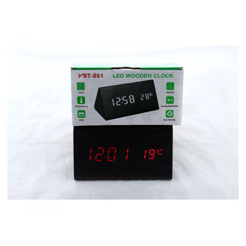 Дерев'яний настільний годинник VST-861 світлодіодний, Чорний. фото №1
