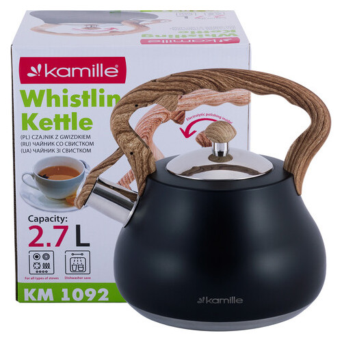 Чайник Kamille KM-1092 2.7л із нержавіючої сталі зі свистком та бакелітовою ручкою (чорний матовий) фото №7