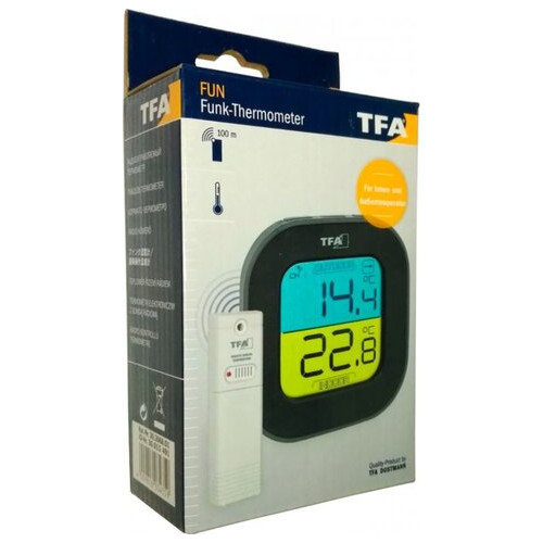 Термометр цифровий TFA Fun, чорний, зовнішній радіодатчик, 88x19x88 мм (30306801) фото №4