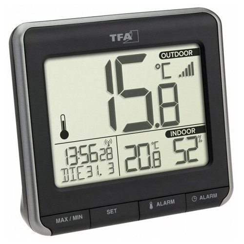 Термометр цифровий TFA PRIO, чорний, зовнішній радіодатчик, 109x38x99 мм (30306901) фото №1