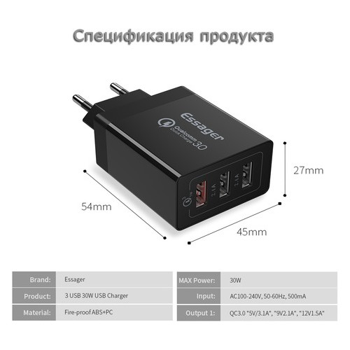 Зарядний пристрій Quick Charge 3.0 ESSAGER USB 30Вт фото №2