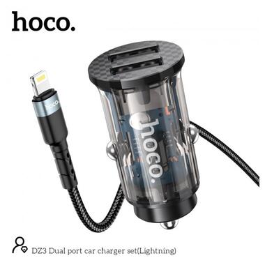 Адаптер автомобільний Hoco Lightning cable double port Car charger DZ3 |2USB, 2.4A| чорний фото №3