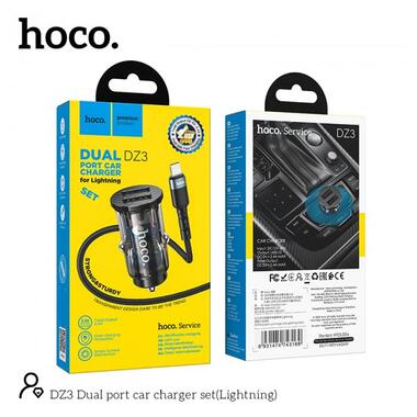 Адаптер автомобільний Hoco Lightning cable double port Car charger DZ3 |2USB, 2.4A| чорний фото №7