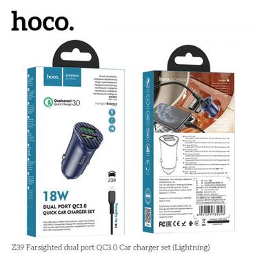 Адаптер автомобільний HOCO lightning cable Farsighted dual port QC3.0 car charger set Z39 |2USB, QC3.0, 3A/18W| синій фото №3