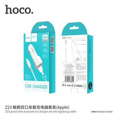 Адаптер автомобільний Hoco Lightning cable Z23 |2USB, 2.4A| білий фото №2