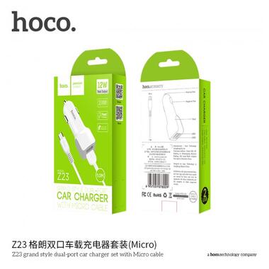 Адаптер автомобільний Hoco Micro cable Z23 |2USB, 2.4A| білий фото №2
