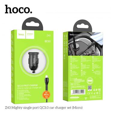 Адаптер автомобільний Hoco Micro USB Cable Mighty single port Car charger Z43 |1USB, 3A, QC, 18W| сірий фото №8