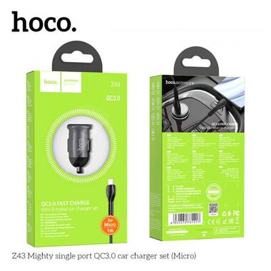 Адаптер автомобільний Hoco Micro USB Cable Mighty single port Car charger Z43 |1USB, 3A, QC, 18W| чорний фото №4
