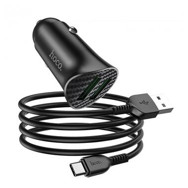 Адаптер автомобільний HOCO Type-C cable Farsighted dual port QC3.0 car charger set Z39 |2USB, QC3.0, 3A/18W| чорний фото №1