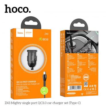 Адаптер автомобільний Hoco Type-C Cable Mighty single port Car charger Z43 |1USB, 3A, QC, 18W| чорний фото №7