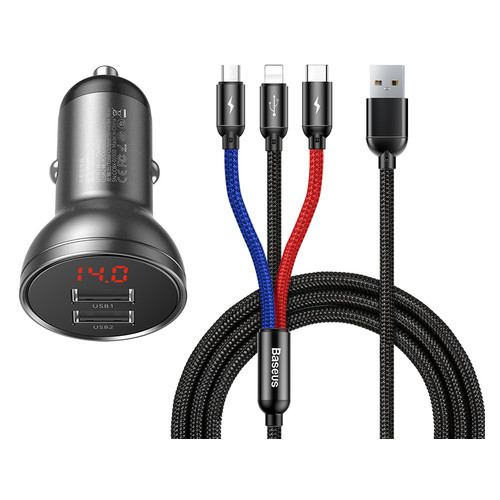Адаптер автомобильный Baseus Digital Display Dual USB |2USB, Lightning/Micro USB/Type-C cable, 4.8A, 24W| black (25067) фото №1