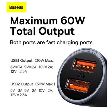 Адаптер автомобільний  Baseus Golden Contactor Max Dual Fast Charger Car Charger | 2USB, QC/PD, 60W/3A| сірий фото №8