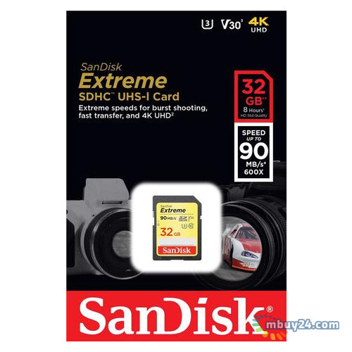 Карта пам'яті SanDisk 32GB SDHC UHS-I U3 R90/W40MB/s 4K Extreme (SDSDXVE-032G-GNCIN) фото №1