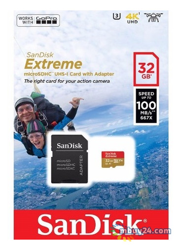 Карта пам'яті SanDisk 32GB microSDHC V30 A1 UHS-I U3 R100/W60MB/s 4K Extreme Action SD (SDSQXAF-032G-GN6AA) фото №2