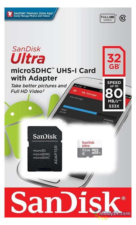 Карта памяти Sandisk 32GB microSDHC UHS-I Ultra + SD adapter (SDSQUNS-032G-GN3MA) фото №2