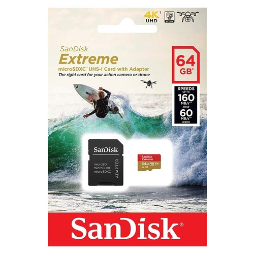 Картка пам'яті SanDisk 64GB microSDXC C10 UHS-I U3 A2 R160MB/s Extreme V30 SD адаптер (SDSQXA2-064G-GN6AA) фото №3