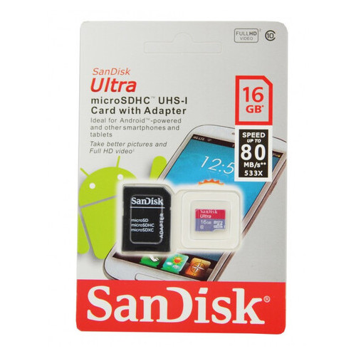 Карта памяти SanDisk Ultra microSD HC UHS-I 16GB Class 10 + SD-adapter фото №1
