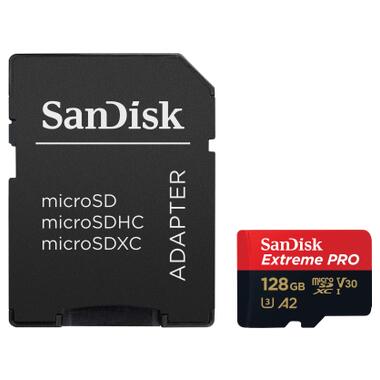 Карта памяти microSD 128GB SanDisk C10 UHS-I U3 R200/W90MB/s Extreme Pro V30 + SD (SDSQXCD-128G-GN6MA) фото №1