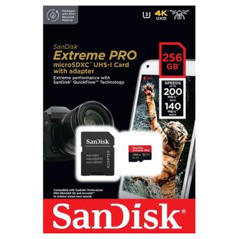 Карта памяти microSD 256GB SanDisk C10 UHS-I U3 R200/W140MB/s Extreme Pro V30 + SD (SDSQXCD-256G-GN6MA) фото №5