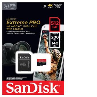 Карта памяти microSD 512GB SanDisk C10 UHS-I U3 R200/W140MB/s Extreme Pro V30 + SD (SDSQXCD-512G-GN6MA) фото №2