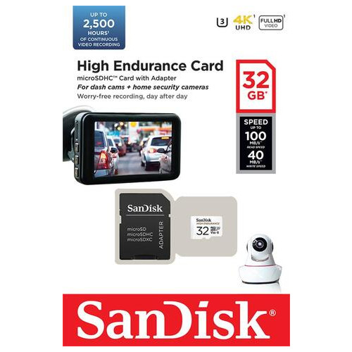 Карта памяти MicroSDXC 32GB UHS-I/U3 Class 10 SanDisk High Endurance R100/W40MB/s + SD-adapter (SDSQQNR-032G-GN6IA) фото №2
