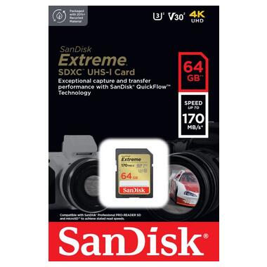 Карта пам'яті SanDisk SD 64GB C10 UHS-I U3 R170/W80MB/s Extreme V30 (SDSDXV2-064G-GNCIN) фото №3