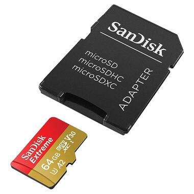 Карта памяти SanDisk Extreme 64GB Class 10 UHS-I (U3) V30 A2 W-80MB/s R-170MB/s +SD-адаптер (SDSQXAH-064G-GN6MA) фото №1