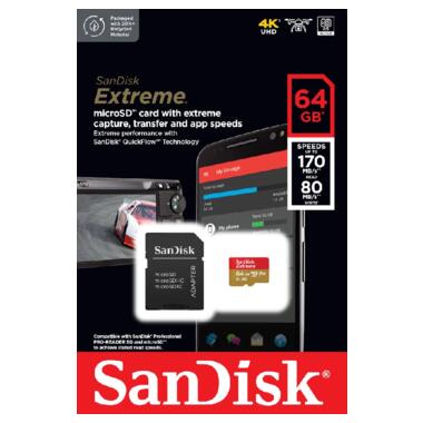 Карта памяти SanDisk Extreme 64GB Class 10 UHS-I (U3) V30 A2 W-80MB/s R-170MB/s +SD-адаптер (SDSQXAH-064G-GN6MA) фото №3