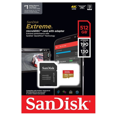 Карта пам'яті SanDisk microSDXC Extreme 512GB Class 10 UHS-I (U3) V30 A2 Адаптер SD (SDSQXAV-512G-GN6MA) фото №4