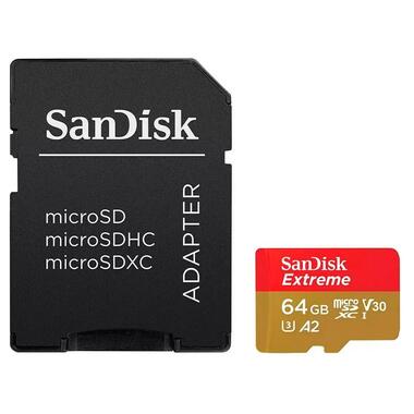 Карта пам'яті для дрона SanDisk microSDXC Extreme For Action Cams and Drones 64GB Class 10 UHS-I (U3) V30 A2 W-80MB/s R-170MB/s +SD-адаптер (SDSQXAH-064G-GN6AA) фото №1