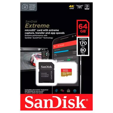 Карта пам'яті для дрона SanDisk microSDXC Extreme For Action Cams and Drones 64GB Class 10 UHS-I (U3) V30 A2 W-80MB/s R-170MB/s +SD-адаптер (SDSQXAH-064G-GN6AA) фото №4
