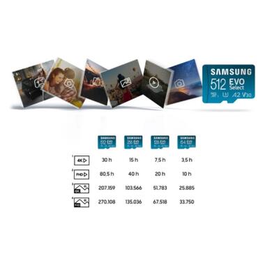 Карта памяти microSDXC (UHS-І U3) Samsung EVO Select 256Gb class 10 A2 V30 (R130MB/s W30MB/s) (adapter SD) (MB-ME256KA/EU) фото №9