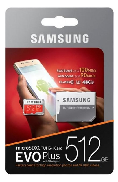 Карта памяти Samsung 512GB microSDXC C10 UHS-I U3 R100/W90MB/s Evo Plus + SD адаптер (MB-MC512GA/RU) фото №4