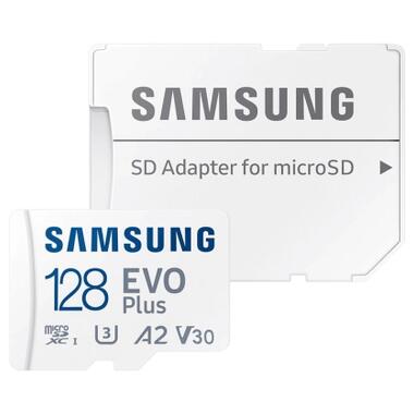 Карта памяти Samsung 128 GB microSDXC Class 10 UHS-I U3 V30 A2 EVO Plus+SD Adapte (MC128SA/EU) фото №1