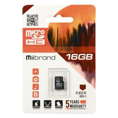 Карта пам'яті Mibrand 16GB microSDHC class 10 UHS-I (MICDHU1/16GB) фото №1