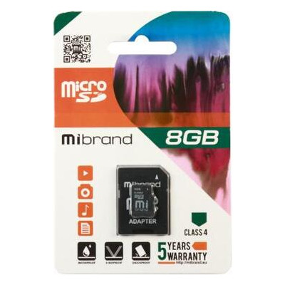 Карта пам'яті Mibrand 8GB microSD class 4 (MICDC4/8GB-A) фото №1