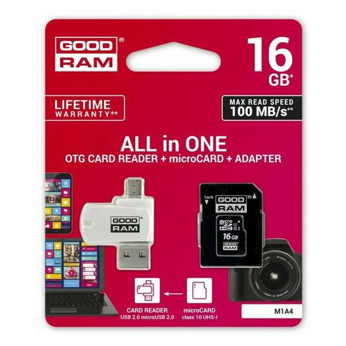 Карта пам'яті Goodram 16GB UHS-I Class 10 SD-adapter OTG Card reader (M1A4-0160R12) фото №2
