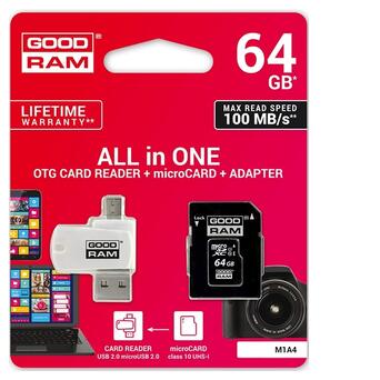 Карта пам'яті GoodRam MicroSDXC 64GB UHS-I Class 10 Adapter SD OTG Card Reader (M1A4-0640R12) фото №2