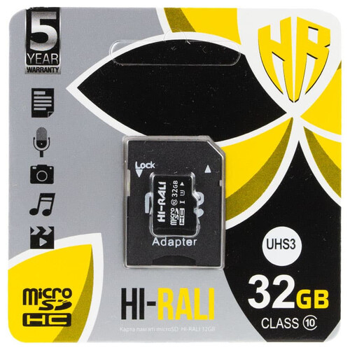 Карта пам'яті Hi-Rali microSDXC (UHS-3) 32 GB Card Class 10 з адаптером Чорний фото №1