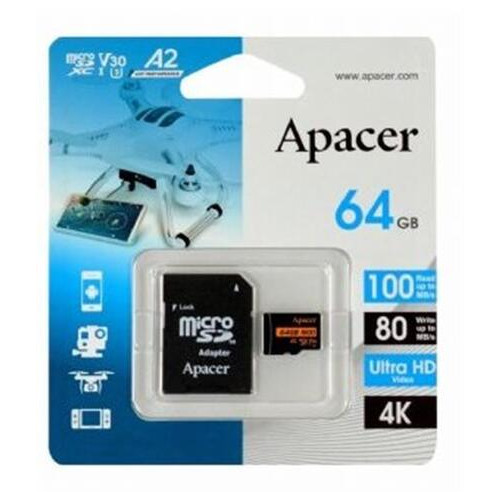 Карта пам'яті MicroSDXC 64GB UHS-I/U3 Class 10 Apacer (AP64GMCSX10U8-R) SD адаптер фото №3