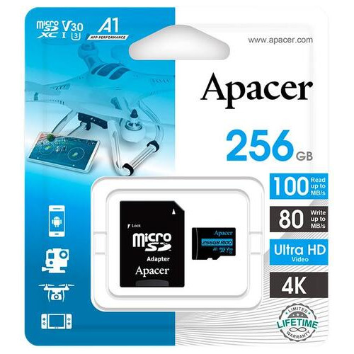 Карта пам'яті MicroSDXC 256GB UHS-I/U3 Class 10 Apacer (AAP256GMCSX10U7-R) SD адаптер фото №3